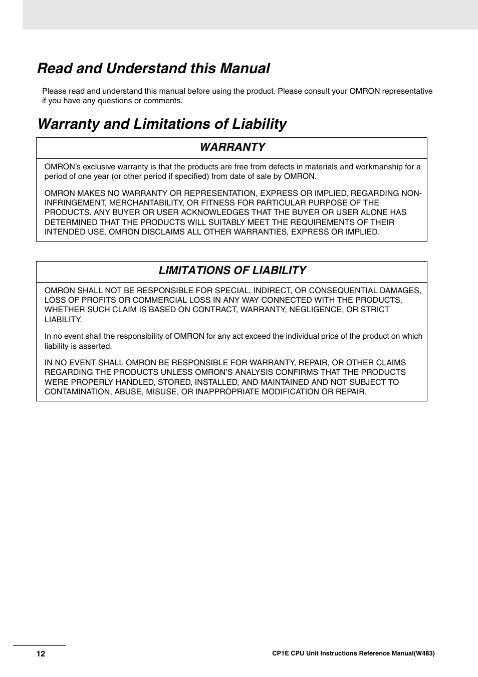 Read and understand this manual, Warranty and limitations of liability, Warranty | Limitations of liability | Omron SYSMAC CP CP1E-N@@D@-@ User Manual | Page 15 / 467