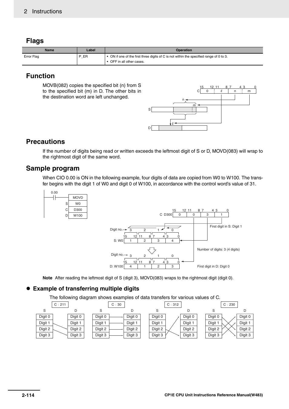 Flags function precautions, Sample program, 2 instructions | Example of transferring multiple digits | Omron SYSMAC CP CP1E-N@@D@-@ User Manual | Page 150 / 467