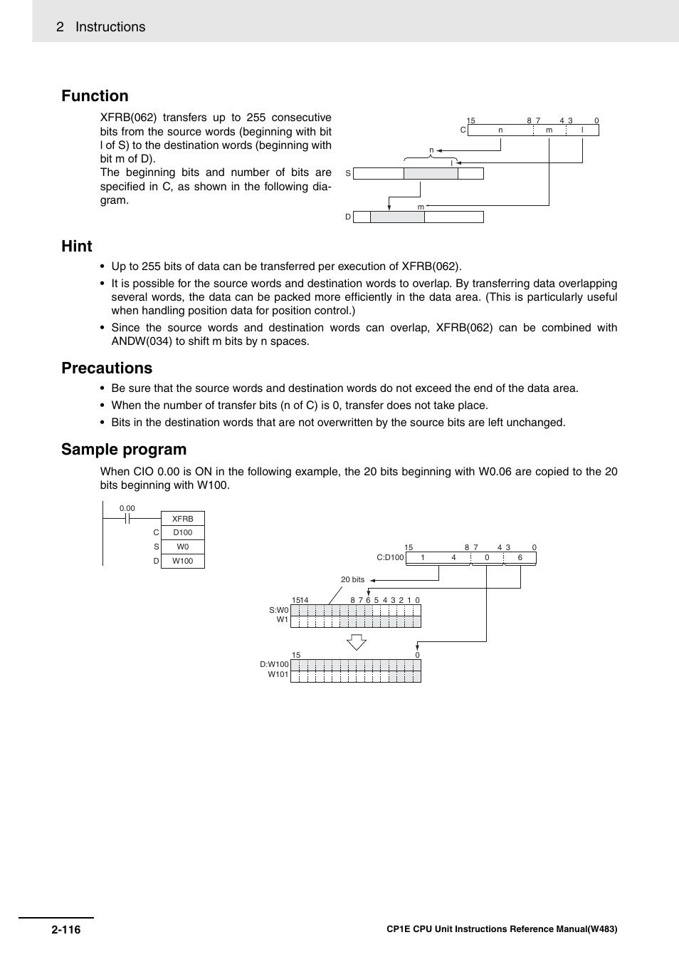 Function hint, Precautions, Sample program | 2 instructions | Omron SYSMAC CP CP1E-N@@D@-@ User Manual | Page 152 / 467