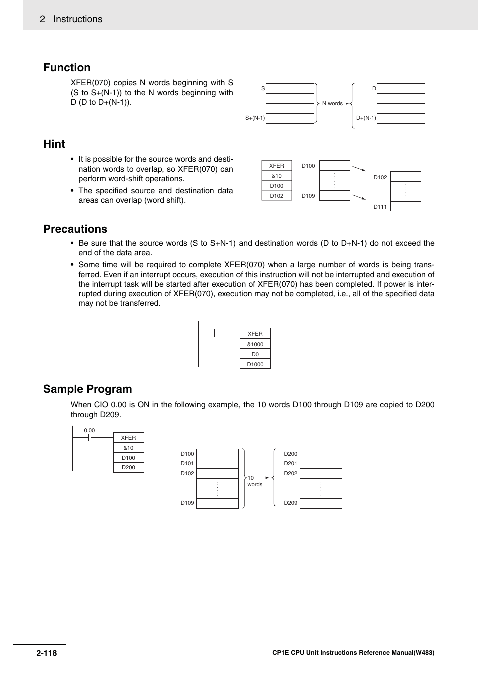 Function hint precautions, Sample program, 2 instructions | Omron SYSMAC CP CP1E-N@@D@-@ User Manual | Page 154 / 467