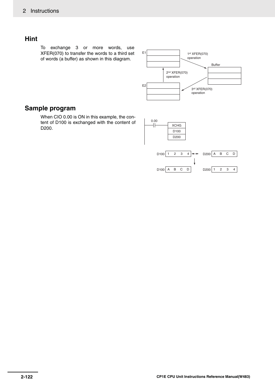 Hint sample program, 2 instructions | Omron SYSMAC CP CP1E-N@@D@-@ User Manual | Page 158 / 467