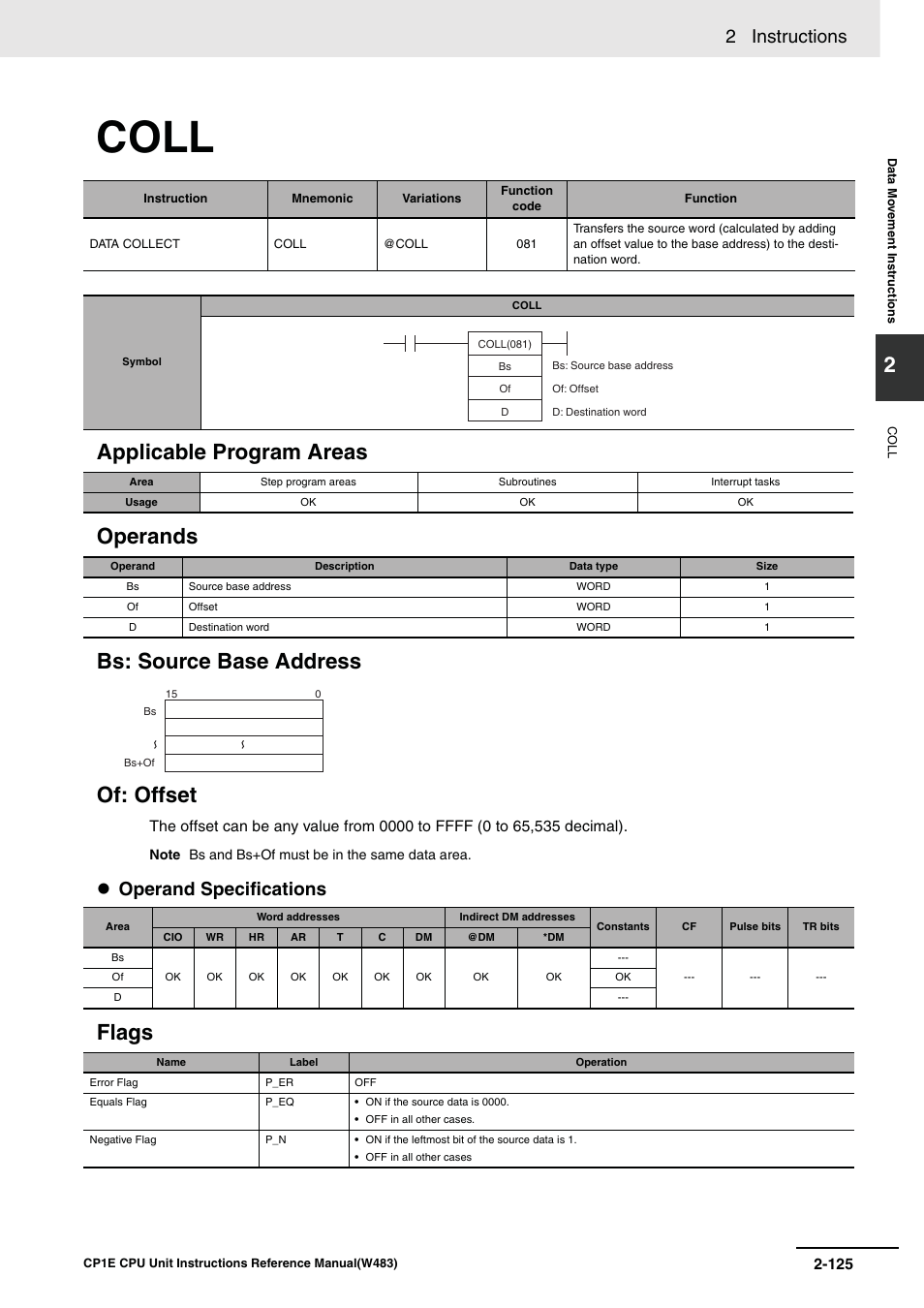 Coll, Flags, 2 instructions | Operand specifications | Omron SYSMAC CP CP1E-N@@D@-@ User Manual | Page 161 / 467