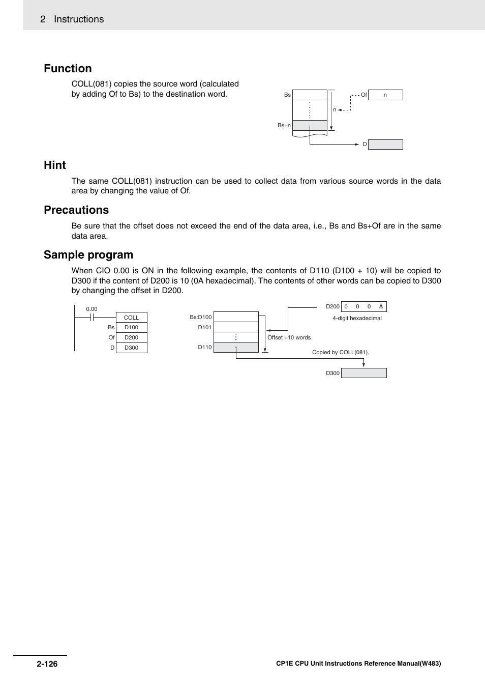 Function hint, Precautions, Sample program | 2 instructions | Omron SYSMAC CP CP1E-N@@D@-@ User Manual | Page 162 / 467