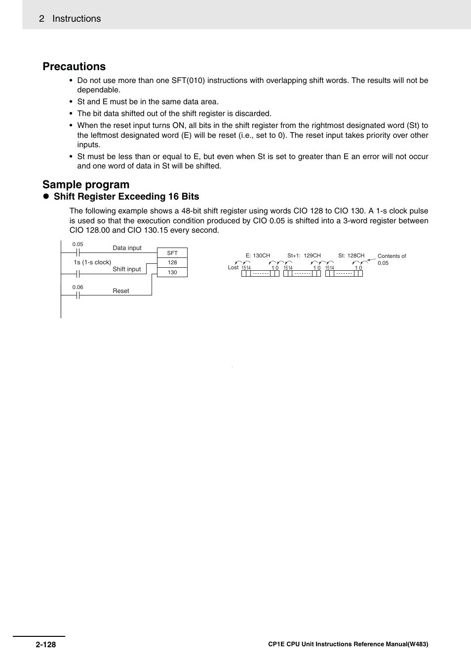 Precautions, Sample program, 2 instructions | Shift register exceeding 16 bits | Omron SYSMAC CP CP1E-N@@D@-@ User Manual | Page 164 / 467