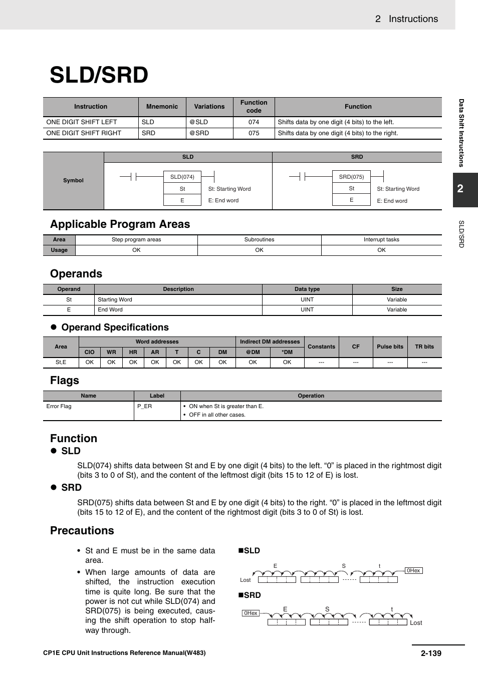 Sld/srd, Applicable program areas operands, Flags function | Precautions, 2 instructions, Operand specifications | Omron SYSMAC CP CP1E-N@@D@-@ User Manual | Page 175 / 467