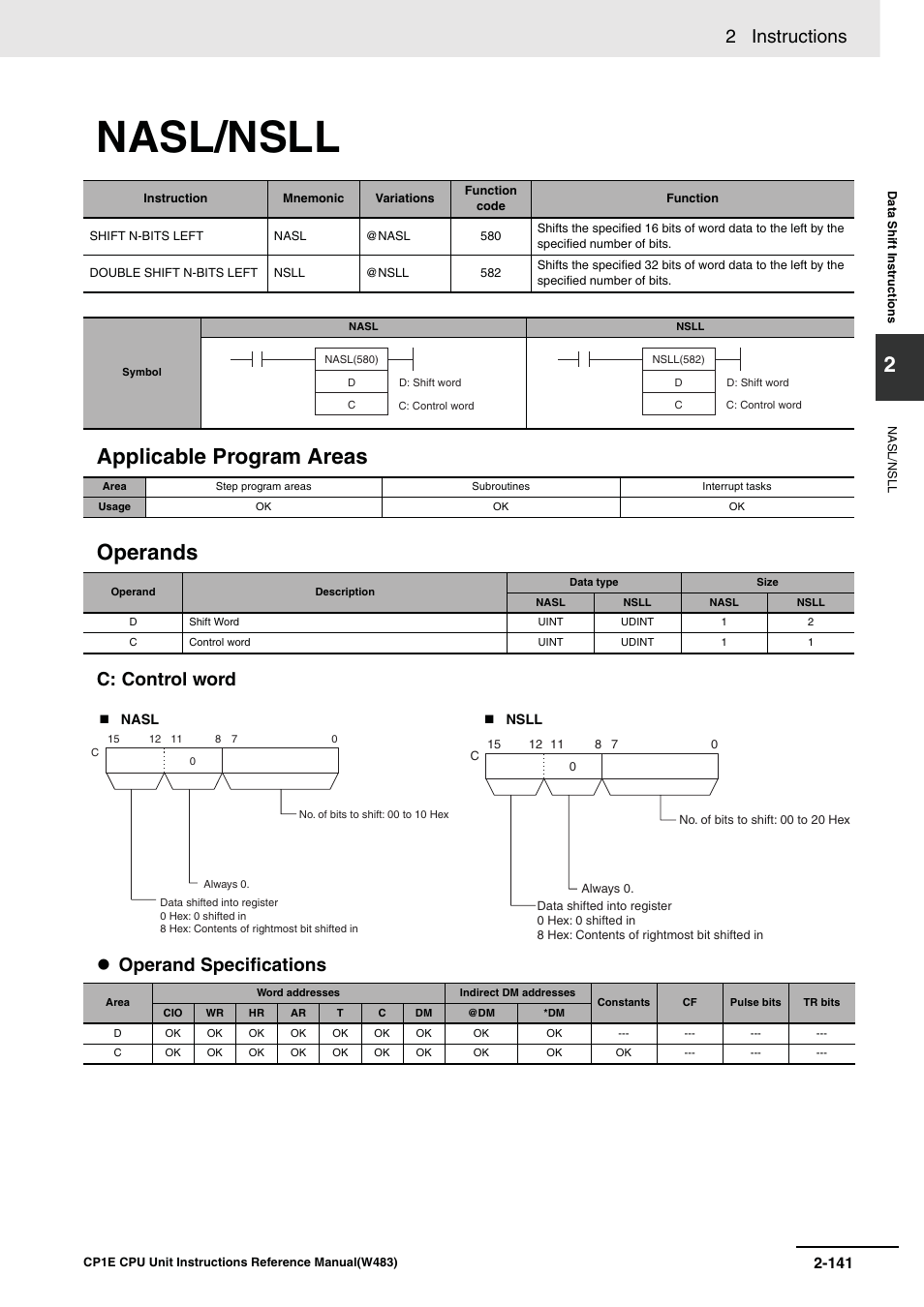 Nasl/nsll, Applicable program areas operands, 2 instructions | C: control word operand specifications | Omron SYSMAC CP CP1E-N@@D@-@ User Manual | Page 177 / 467