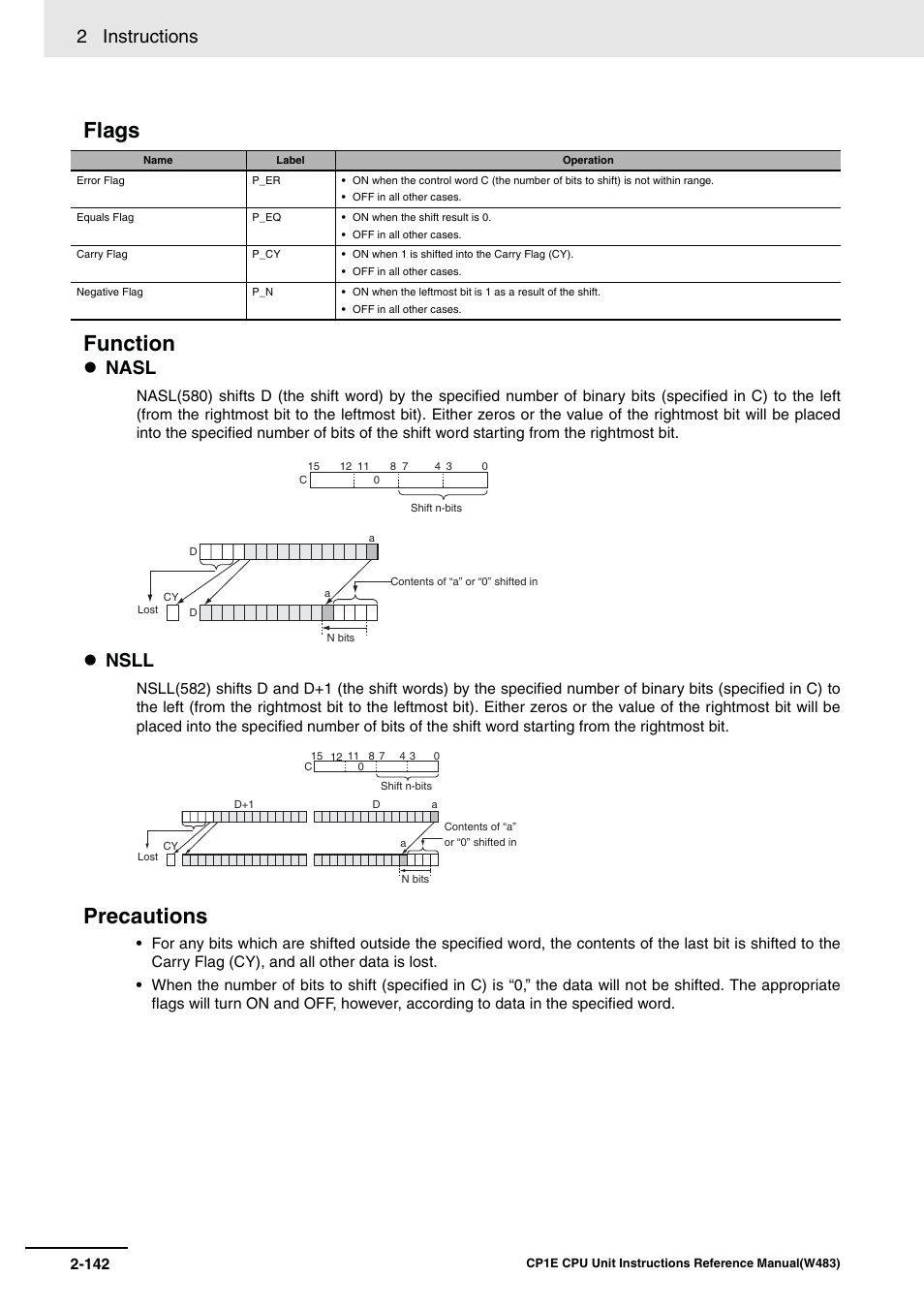 Flags function, Precautions, 2 instructions | Nasl, Nsll | Omron SYSMAC CP CP1E-N@@D@-@ User Manual | Page 178 / 467