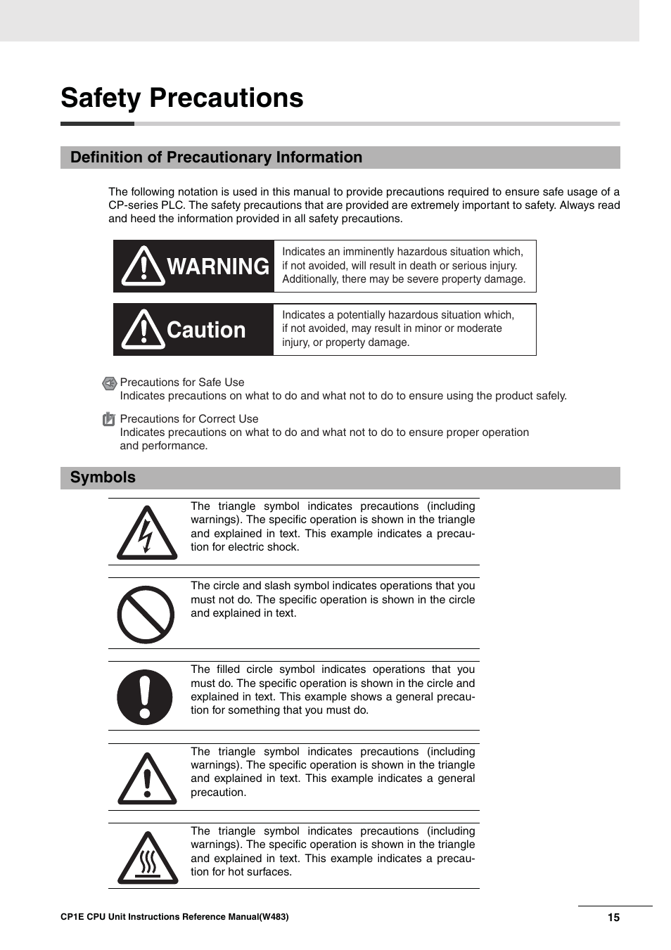 Safety precautions, Warning caution | Omron SYSMAC CP CP1E-N@@D@-@ User Manual | Page 18 / 467