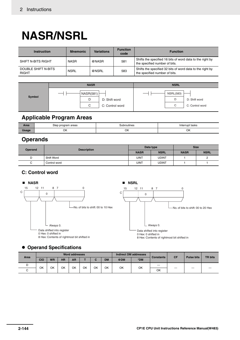 Nasr/nsrl, Applicable program areas operands, 2 instructions | C: control word operand specifications | Omron SYSMAC CP CP1E-N@@D@-@ User Manual | Page 180 / 467
