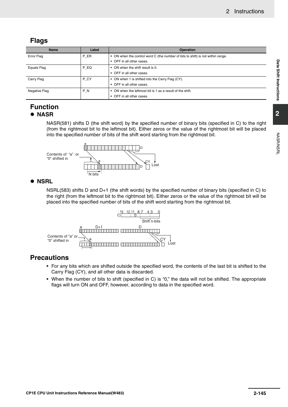 Flags function, Precautions, 2 instructions | Nasr, Nsrl | Omron SYSMAC CP CP1E-N@@D@-@ User Manual | Page 181 / 467