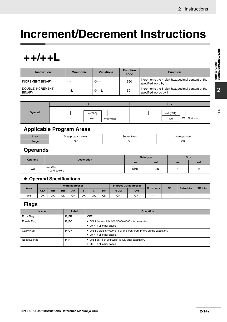 Increment/decrement instructions, Applicable program areas operands, Flags | 2 instructions, Operand specifications | Omron SYSMAC CP CP1E-N@@D@-@ User Manual | Page 183 / 467