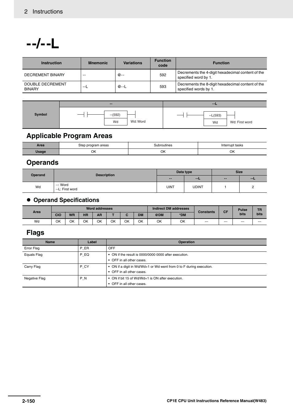 Applicable program areas operands, Flags, 2 instructions | Operand specifications | Omron SYSMAC CP CP1E-N@@D@-@ User Manual | Page 186 / 467