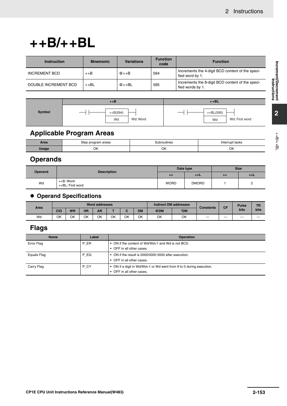 B/++bl, Applicable program areas operands, Flags | 2 instructions, Operand specifications | Omron SYSMAC CP CP1E-N@@D@-@ User Manual | Page 189 / 467