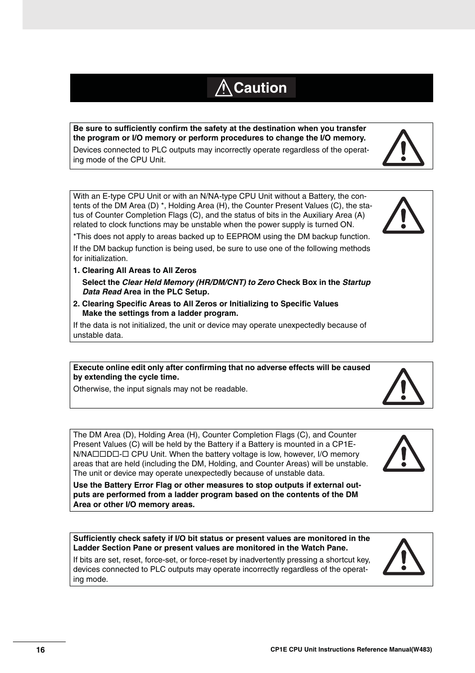 Caution | Omron SYSMAC CP CP1E-N@@D@-@ User Manual | Page 19 / 467