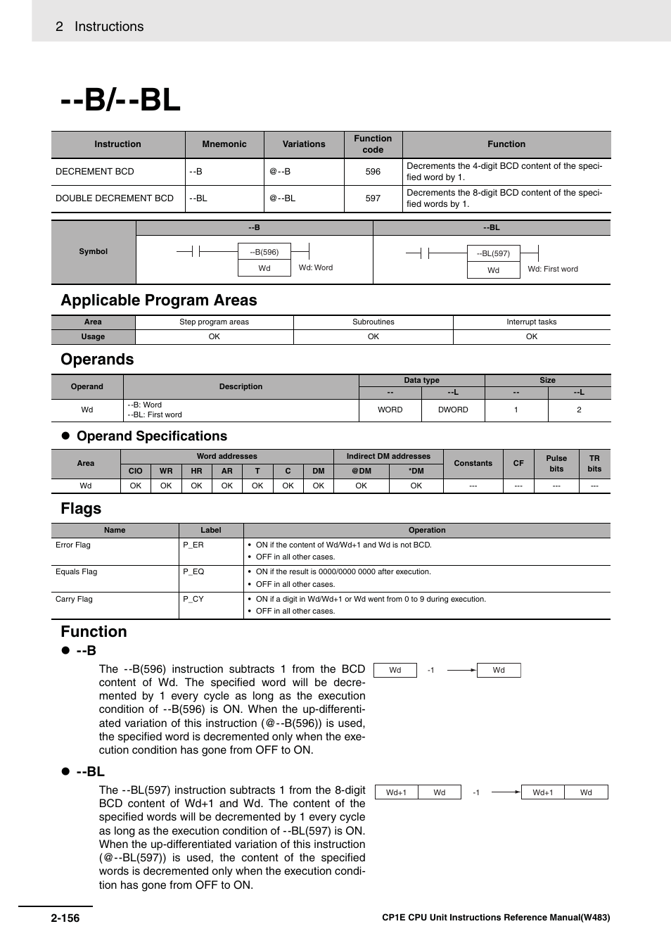 B/--bl, Applicable program areas operands, Flags function | 2 instructions, Operand specifications | Omron SYSMAC CP CP1E-N@@D@-@ User Manual | Page 192 / 467