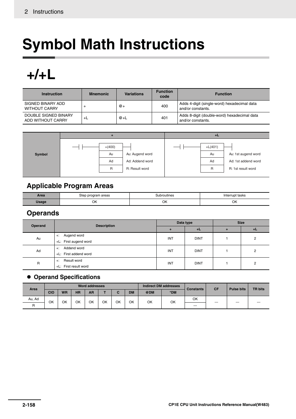 Symbol math instructions, Applicable program areas operands, 2 instructions | Operand specifications | Omron SYSMAC CP CP1E-N@@D@-@ User Manual | Page 194 / 467