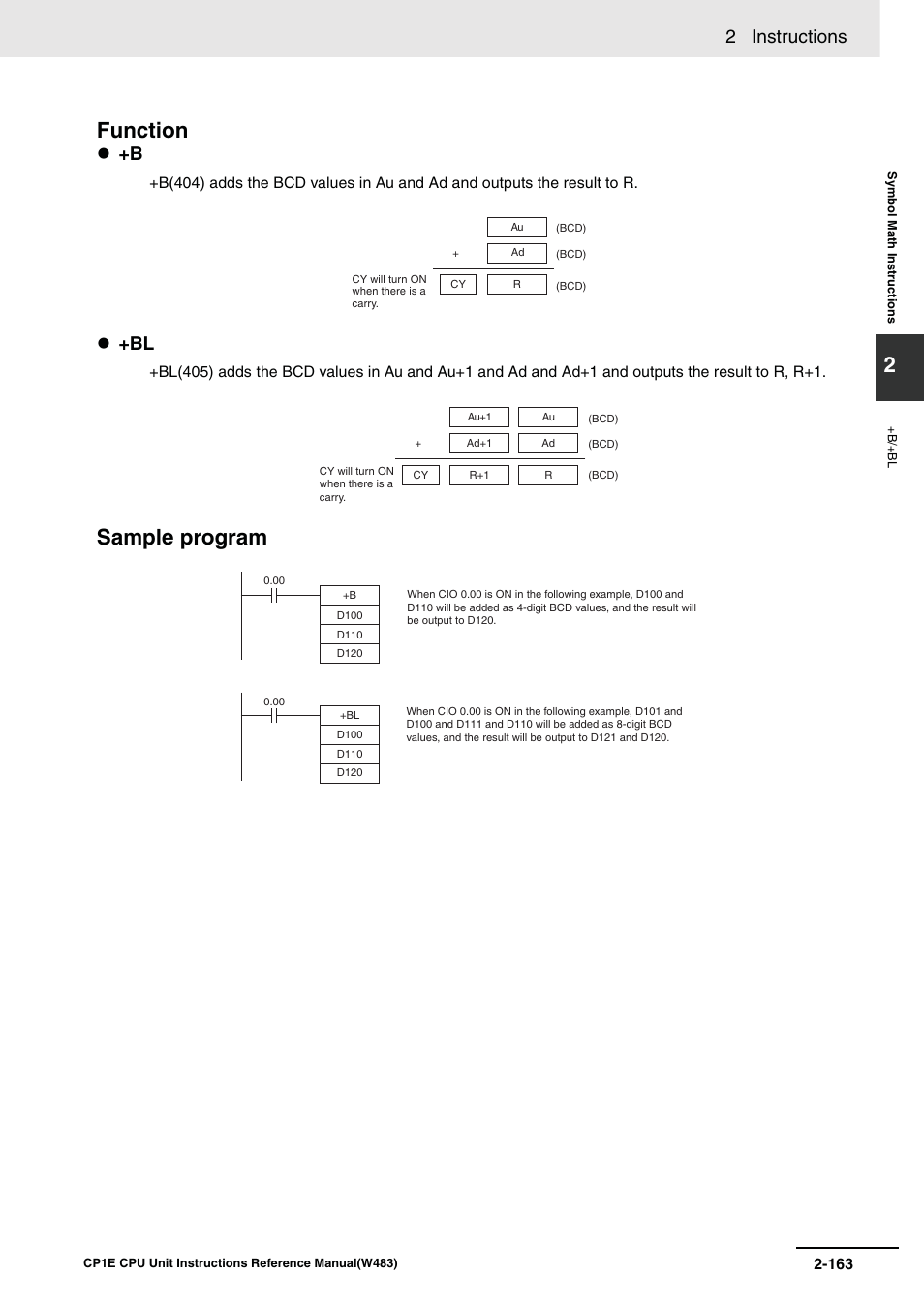 Function, Sample program, 2 instructions | Omron SYSMAC CP CP1E-N@@D@-@ User Manual | Page 199 / 467