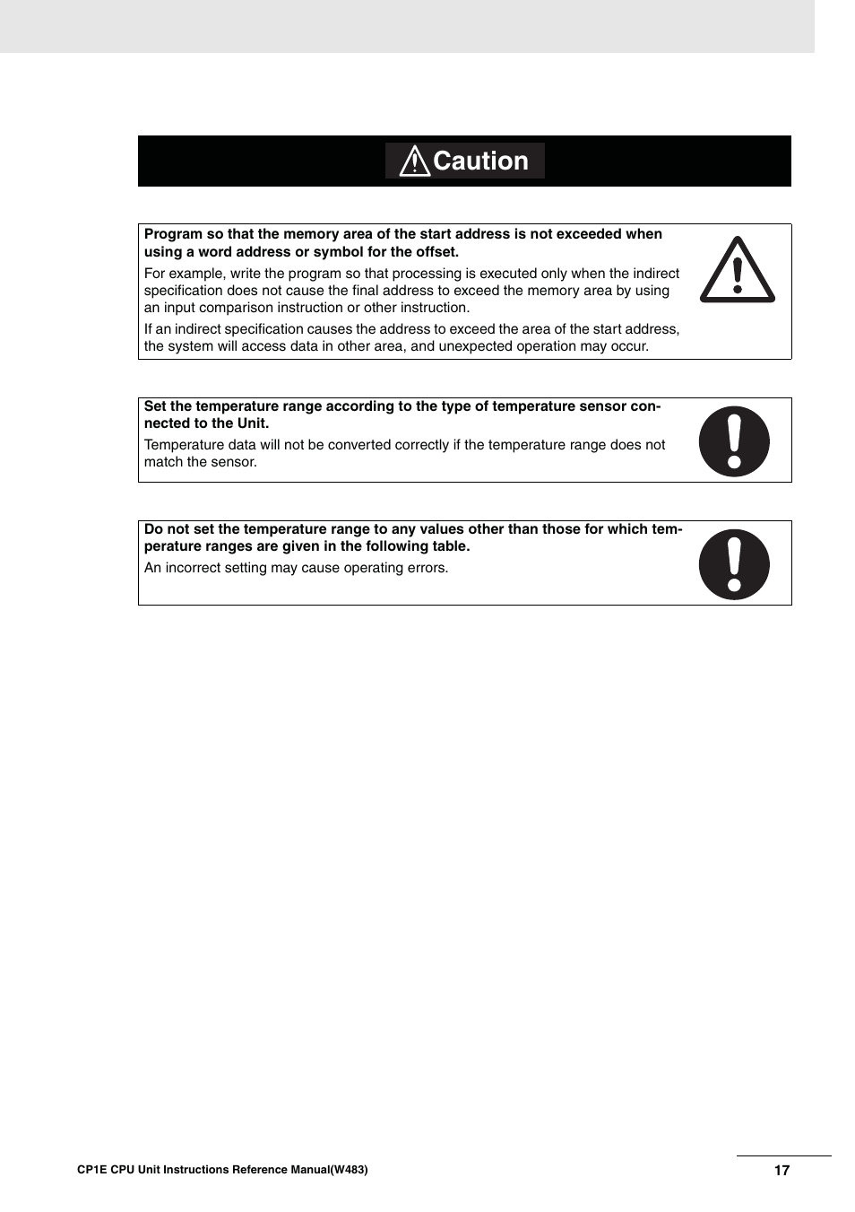 Caution | Omron SYSMAC CP CP1E-N@@D@-@ User Manual | Page 20 / 467