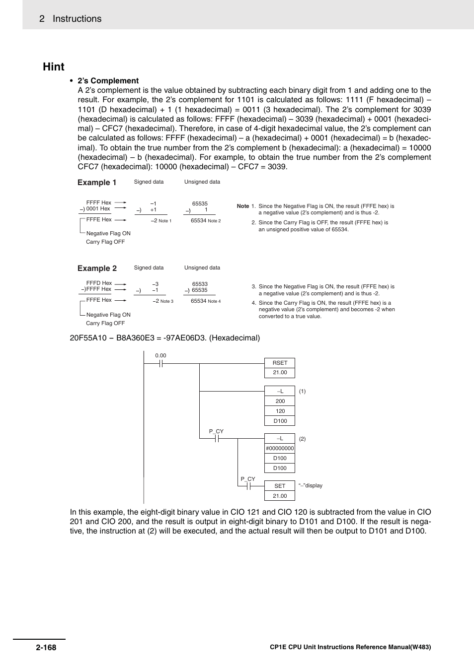 Hint, 2 instructions, Example 1 | Example 2 | Omron SYSMAC CP CP1E-N@@D@-@ User Manual | Page 204 / 467