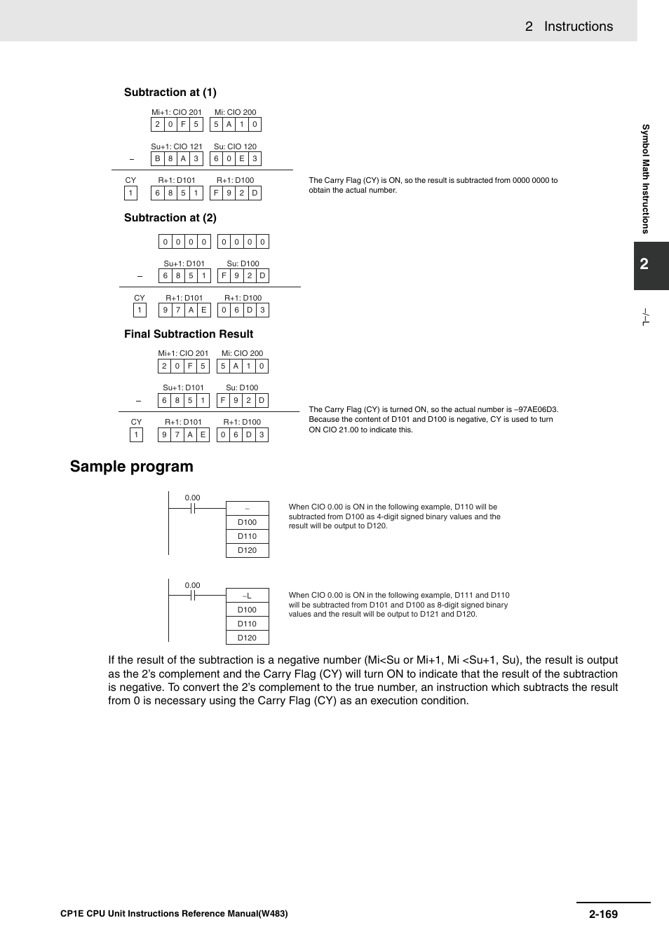 Sample program, 2 instructions | Omron SYSMAC CP CP1E-N@@D@-@ User Manual | Page 205 / 467