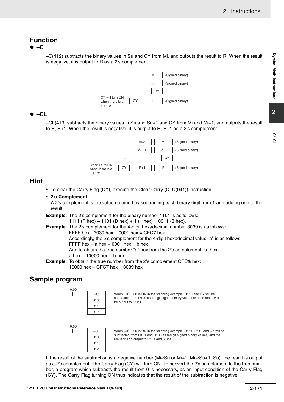 Function, Hint, Sample program | 2 instructions | Omron SYSMAC CP CP1E-N@@D@-@ User Manual | Page 207 / 467