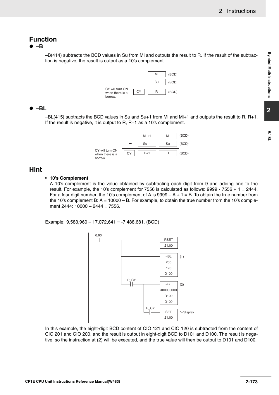 Function, Hint, 2 instructions | Omron SYSMAC CP CP1E-N@@D@-@ User Manual | Page 209 / 467