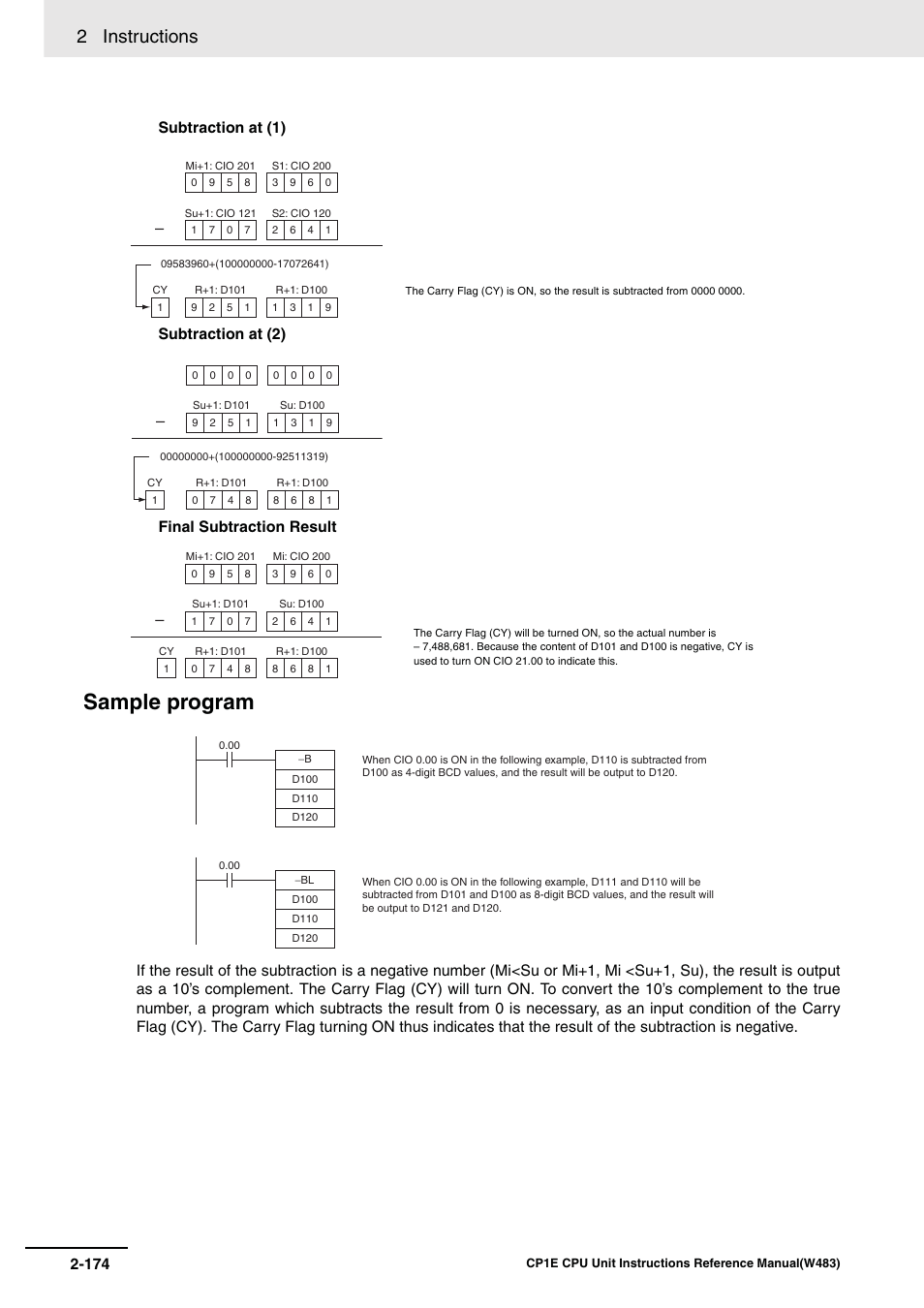 Sample program, 2 instructions | Omron SYSMAC CP CP1E-N@@D@-@ User Manual | Page 210 / 467