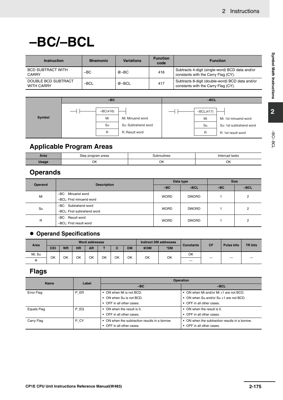 Bc/–bcl, Applicable program areas operands, Flags | 2 instructions, Operand specifications | Omron SYSMAC CP CP1E-N@@D@-@ User Manual | Page 211 / 467