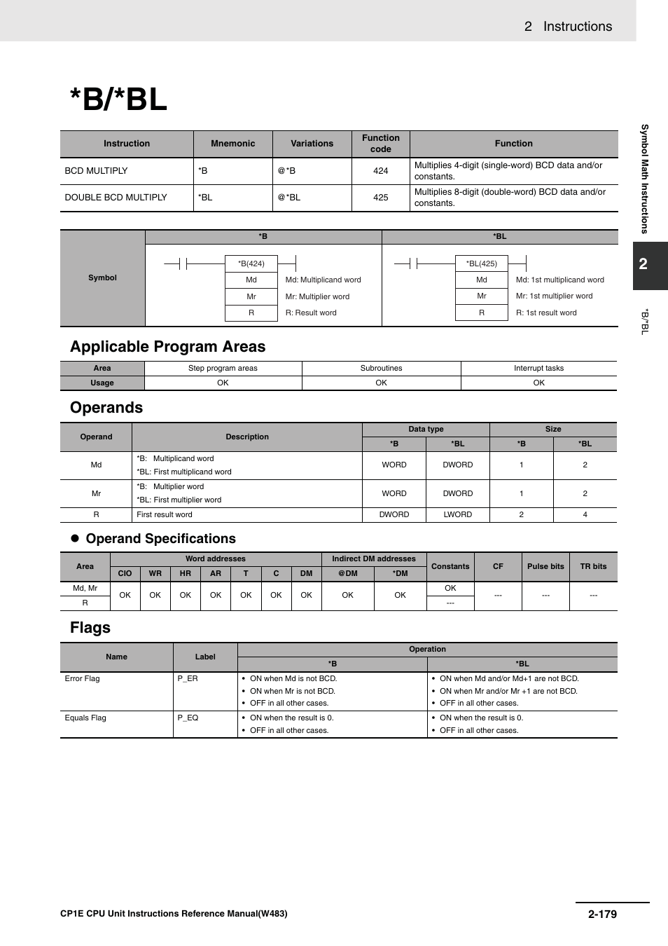 B/*bl, Applicable program areas operands, Flags | 2 instructions, Operand specifications | Omron SYSMAC CP CP1E-N@@D@-@ User Manual | Page 215 / 467