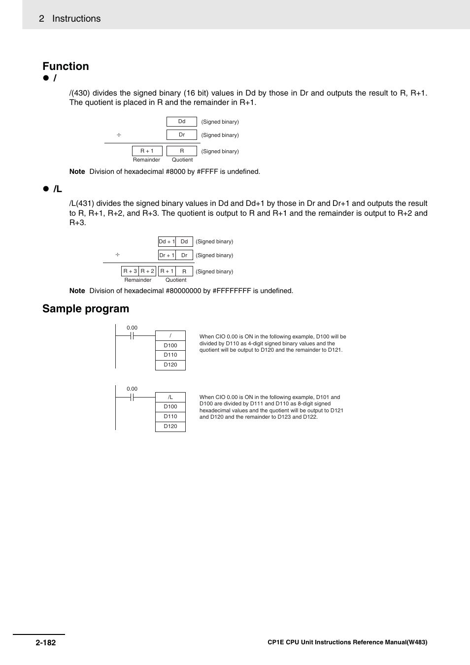 Function, Sample program, 2 instructions | Omron SYSMAC CP CP1E-N@@D@-@ User Manual | Page 218 / 467