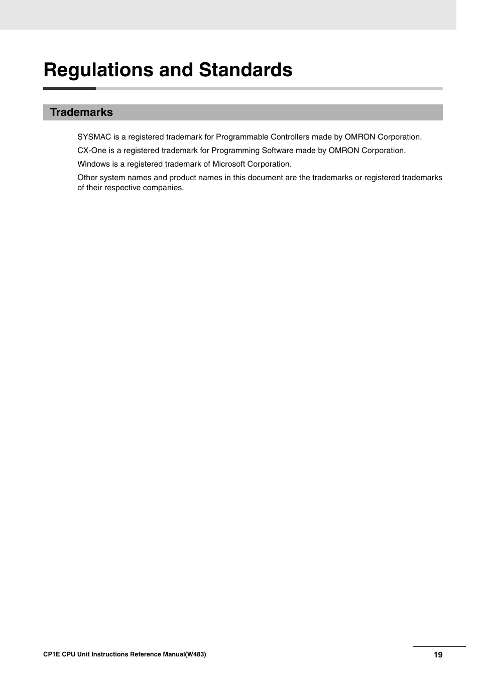 Regulations and standards, Trademarks | Omron SYSMAC CP CP1E-N@@D@-@ User Manual | Page 22 / 467