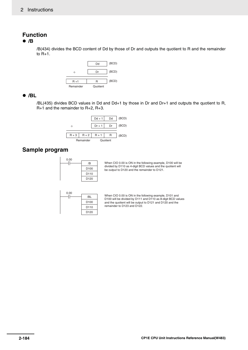 Function, Sample program, 2 instructions | Omron SYSMAC CP CP1E-N@@D@-@ User Manual | Page 220 / 467