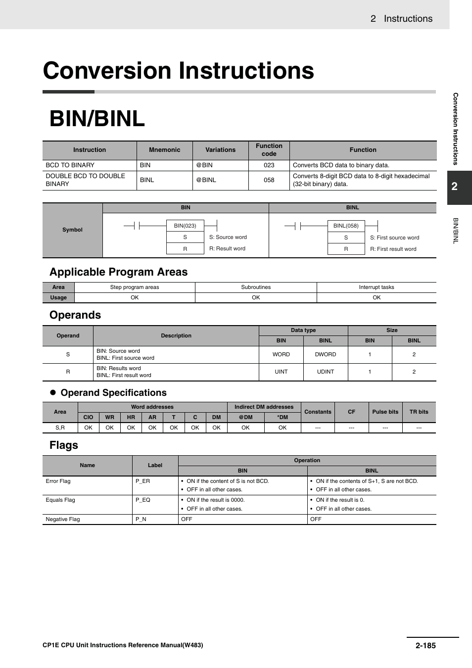 Conversion instructions, Bin/binl, Applicable program areas operands | Flags, 2 instructions, Operand specifications | Omron SYSMAC CP CP1E-N@@D@-@ User Manual | Page 221 / 467