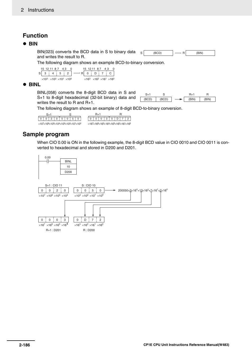 Function sample program, 2 instructions, Binl | Omron SYSMAC CP CP1E-N@@D@-@ User Manual | Page 222 / 467