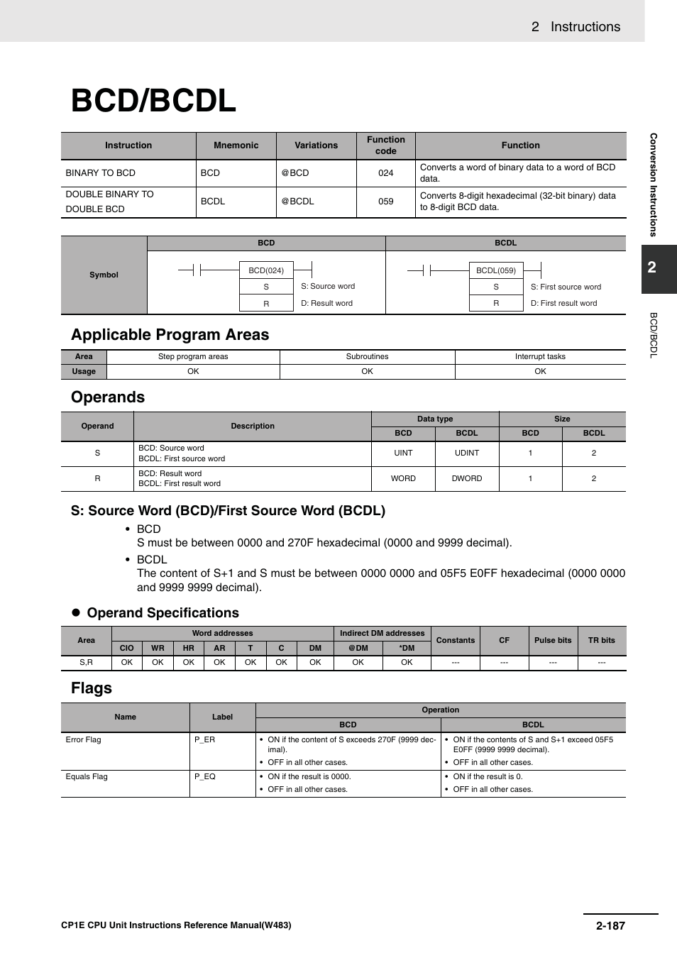 Bcd/bcdl, Applicable program areas operands, Flags | 2 instructions, S: source word (bcd)/first source word (bcdl), Operand specifications | Omron SYSMAC CP CP1E-N@@D@-@ User Manual | Page 223 / 467