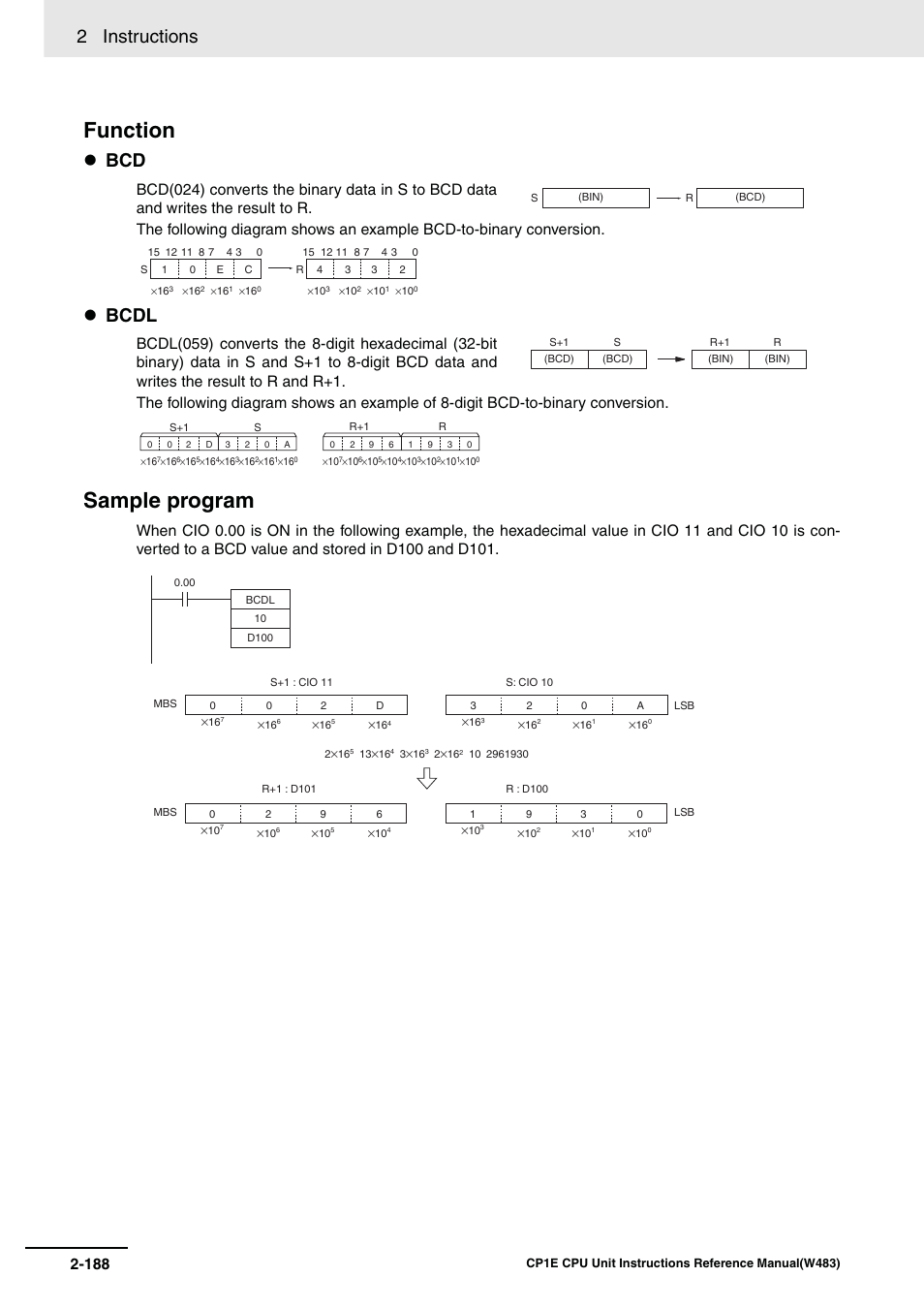 Function sample program, 2 instructions, Bcdl | Omron SYSMAC CP CP1E-N@@D@-@ User Manual | Page 224 / 467