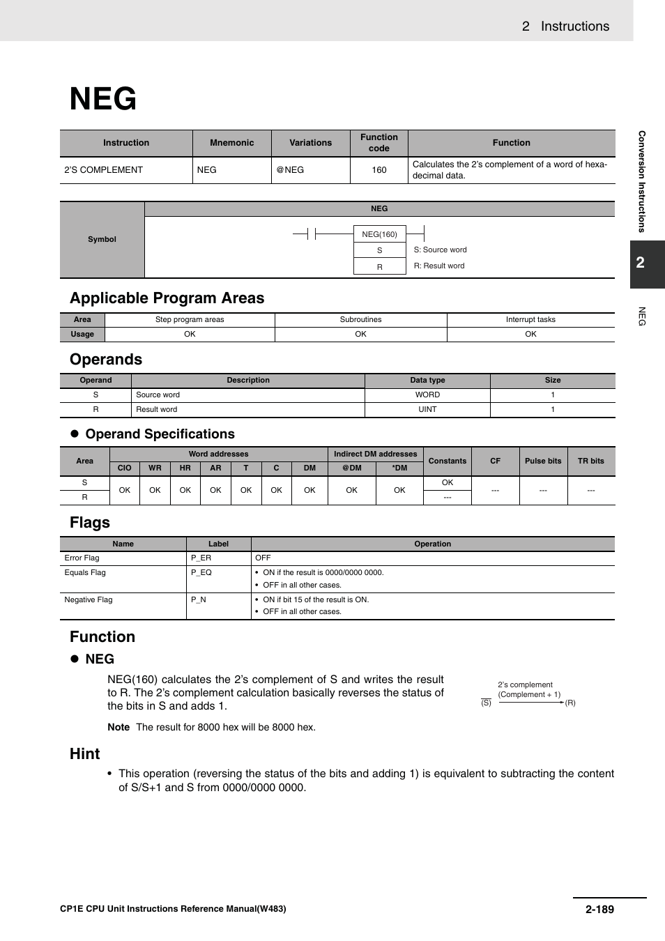 Applicable program areas operands, Flags function hint, 2 instructions | Operand specifications | Omron SYSMAC CP CP1E-N@@D@-@ User Manual | Page 225 / 467