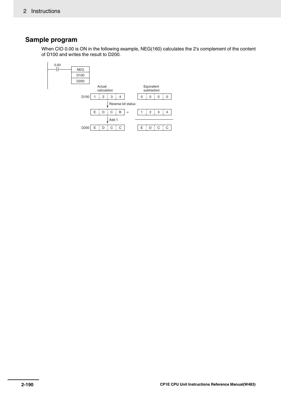 Sample program, 2 instructions | Omron SYSMAC CP CP1E-N@@D@-@ User Manual | Page 226 / 467