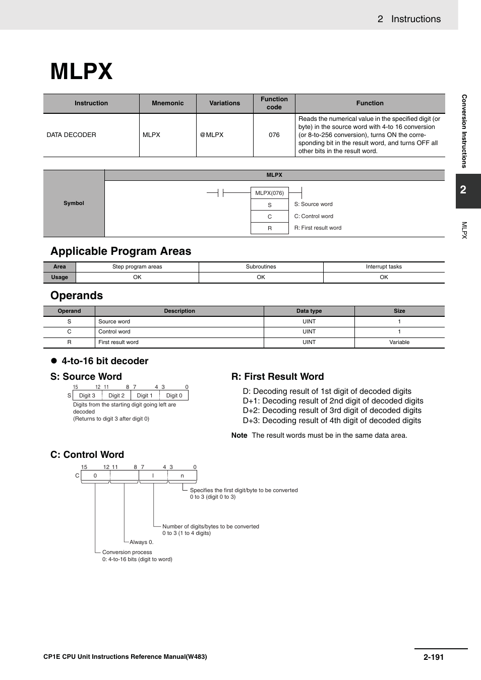 Mlpx, Applicable program areas operands, 2 instructions | To-16 bit decoder c: control word, S: source word r: first result word | Omron SYSMAC CP CP1E-N@@D@-@ User Manual | Page 227 / 467