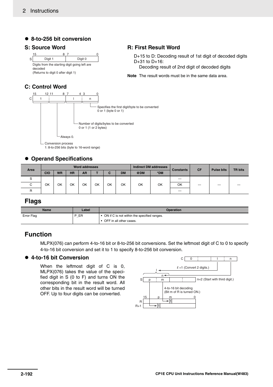 Flags function, 2 instructions, S: source word r: first result word | To-16 bit conversion | Omron SYSMAC CP CP1E-N@@D@-@ User Manual | Page 228 / 467
