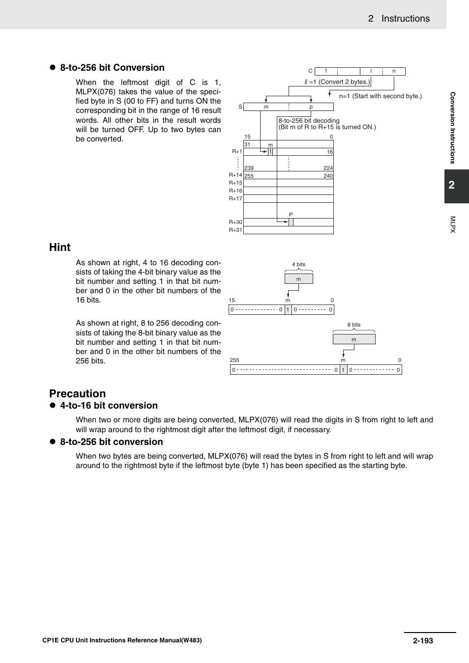 Hint precaution, 2 instructions, To-16 bit conversion | To-256 bit conversion | Omron SYSMAC CP CP1E-N@@D@-@ User Manual | Page 229 / 467