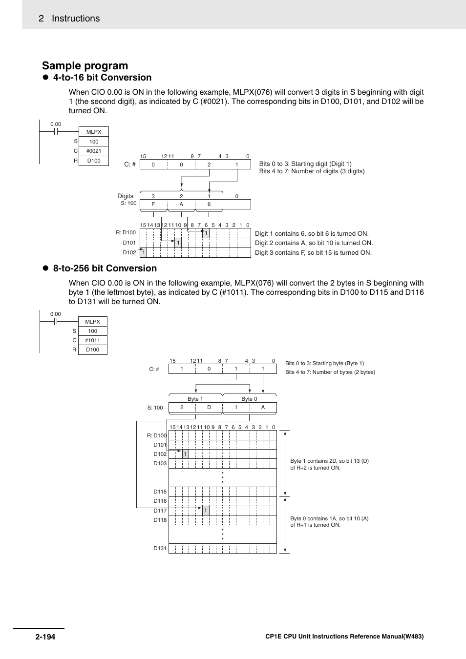 Sample program, 2 instructions, To-16 bit conversion | To-256 bit conversion | Omron SYSMAC CP CP1E-N@@D@-@ User Manual | Page 230 / 467