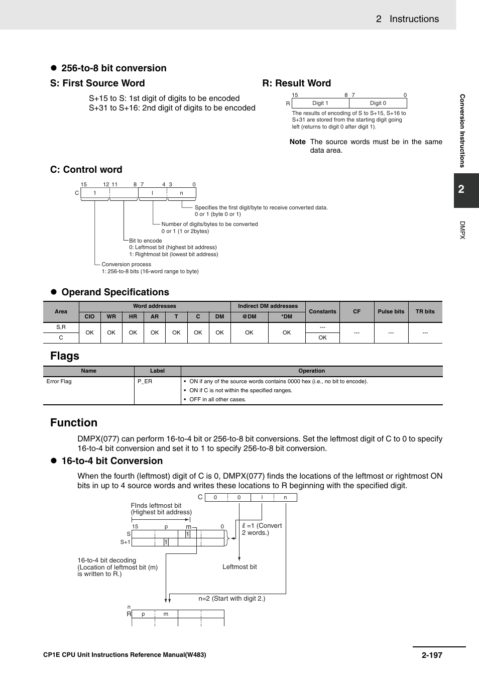 Flags function, 2 instructions, To-4 bit conversion | S: first source word, R: result word | Omron SYSMAC CP CP1E-N@@D@-@ User Manual | Page 233 / 467