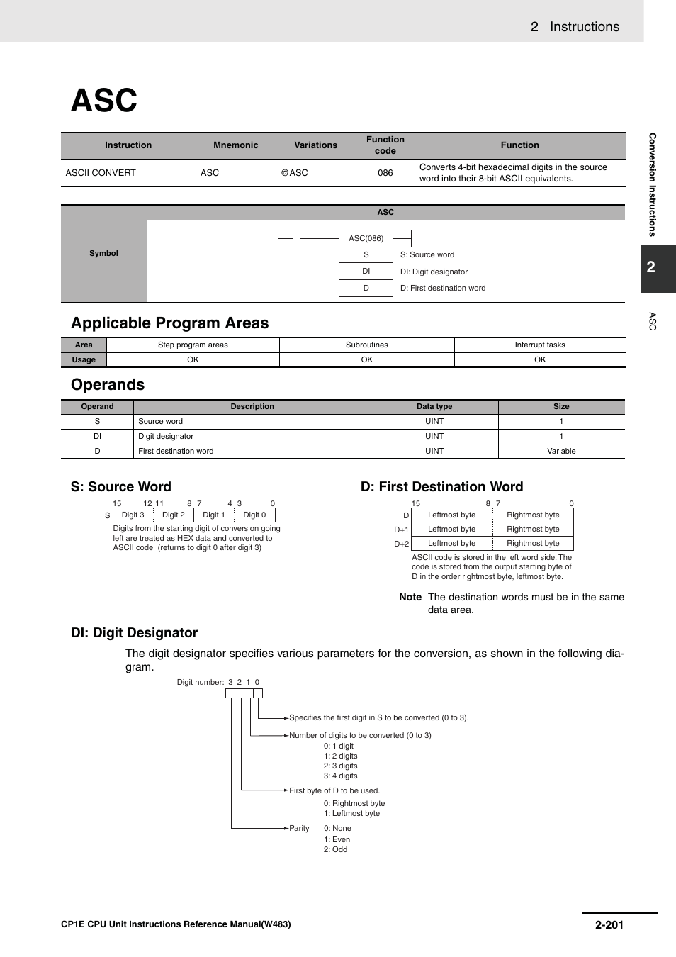 Applicable program areas operands, 2 instructions, Di: digit designator | S: source word d: first destination word | Omron SYSMAC CP CP1E-N@@D@-@ User Manual | Page 237 / 467