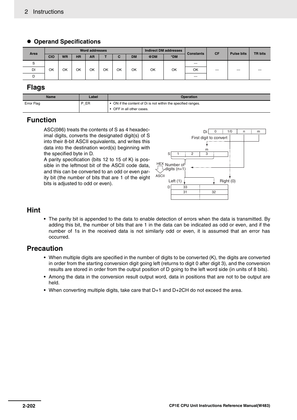 Flags function hint, Precaution, 2 instructions | Operand specifications | Omron SYSMAC CP CP1E-N@@D@-@ User Manual | Page 238 / 467