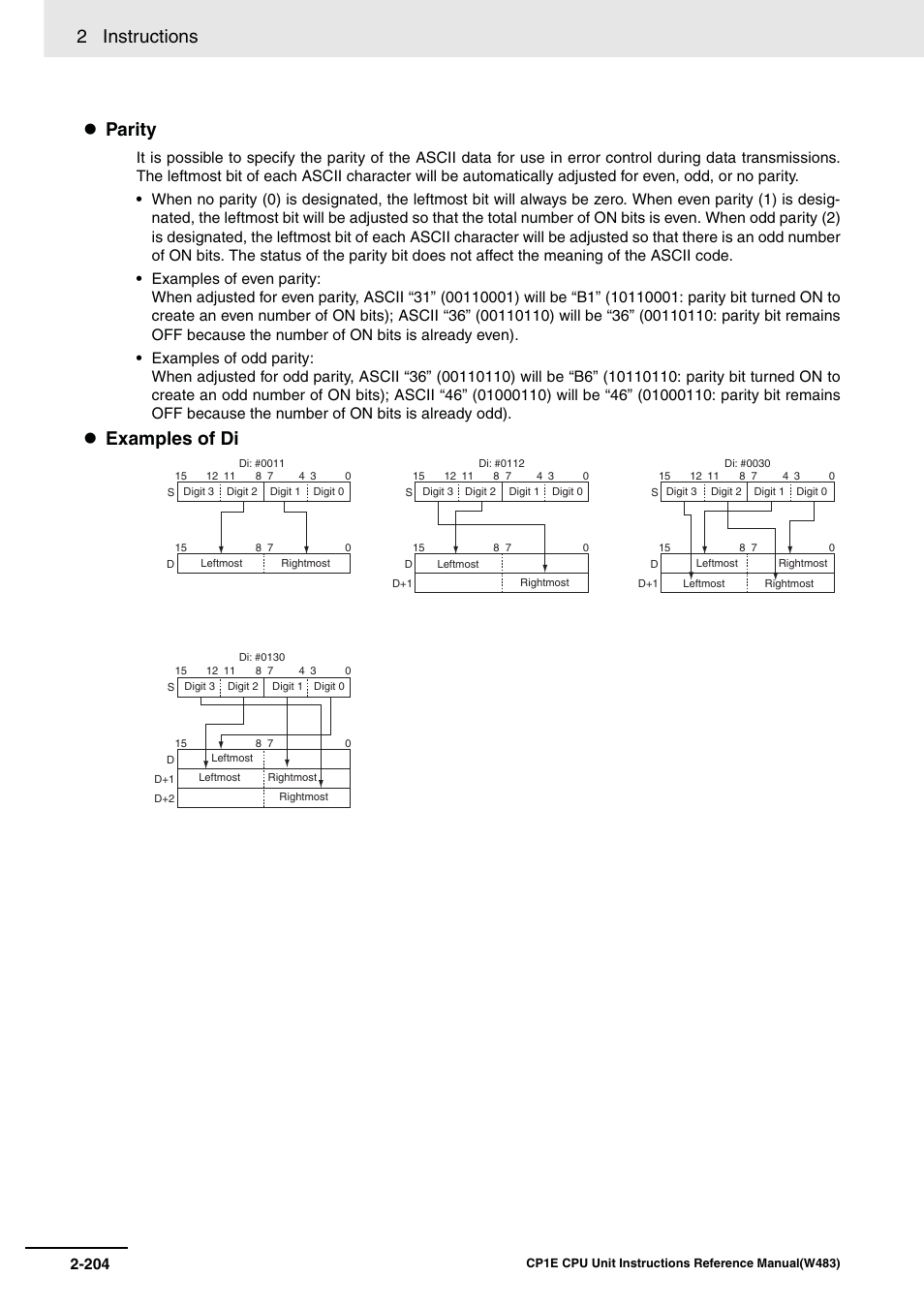 2 instructions, Parity, Examples of di | Omron SYSMAC CP CP1E-N@@D@-@ User Manual | Page 240 / 467