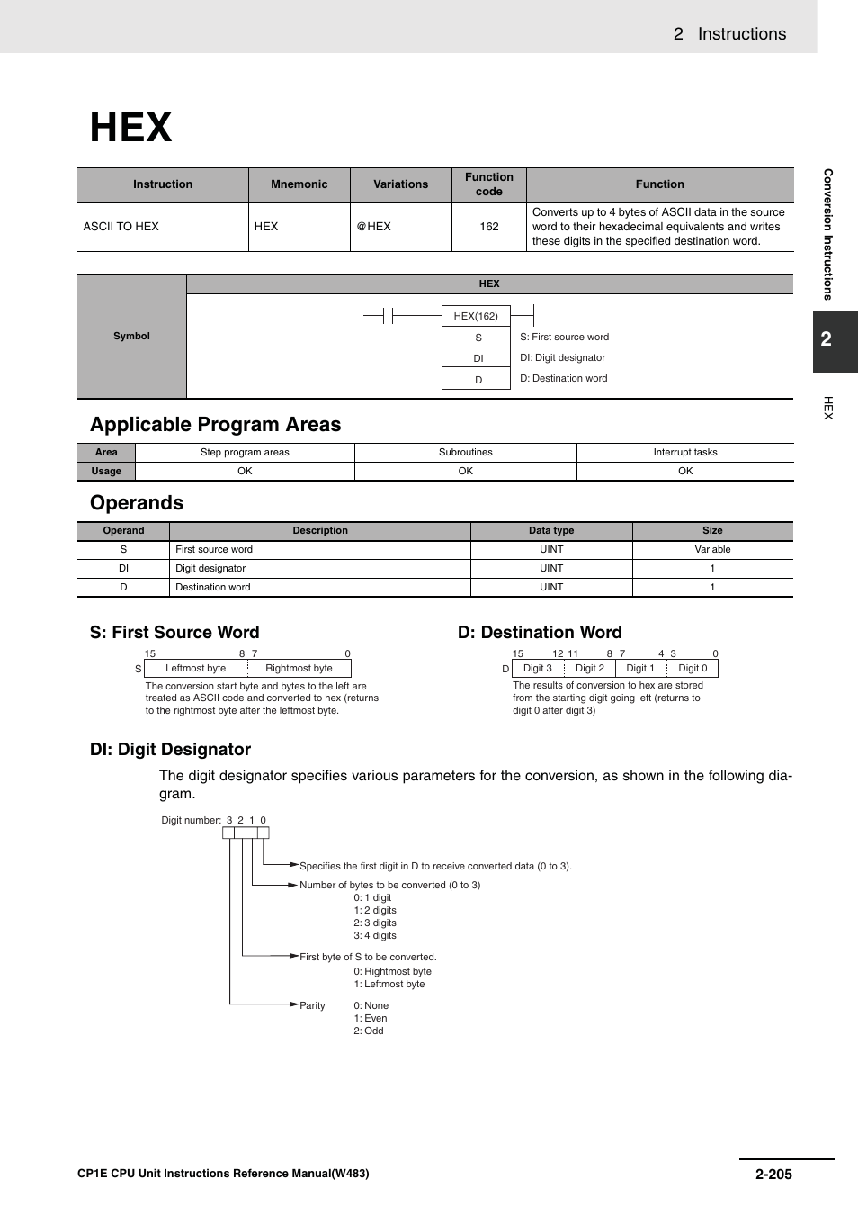 Applicable program areas operands, 2 instructions, Di: digit designator | S: first source word d: destination word | Omron SYSMAC CP CP1E-N@@D@-@ User Manual | Page 241 / 467