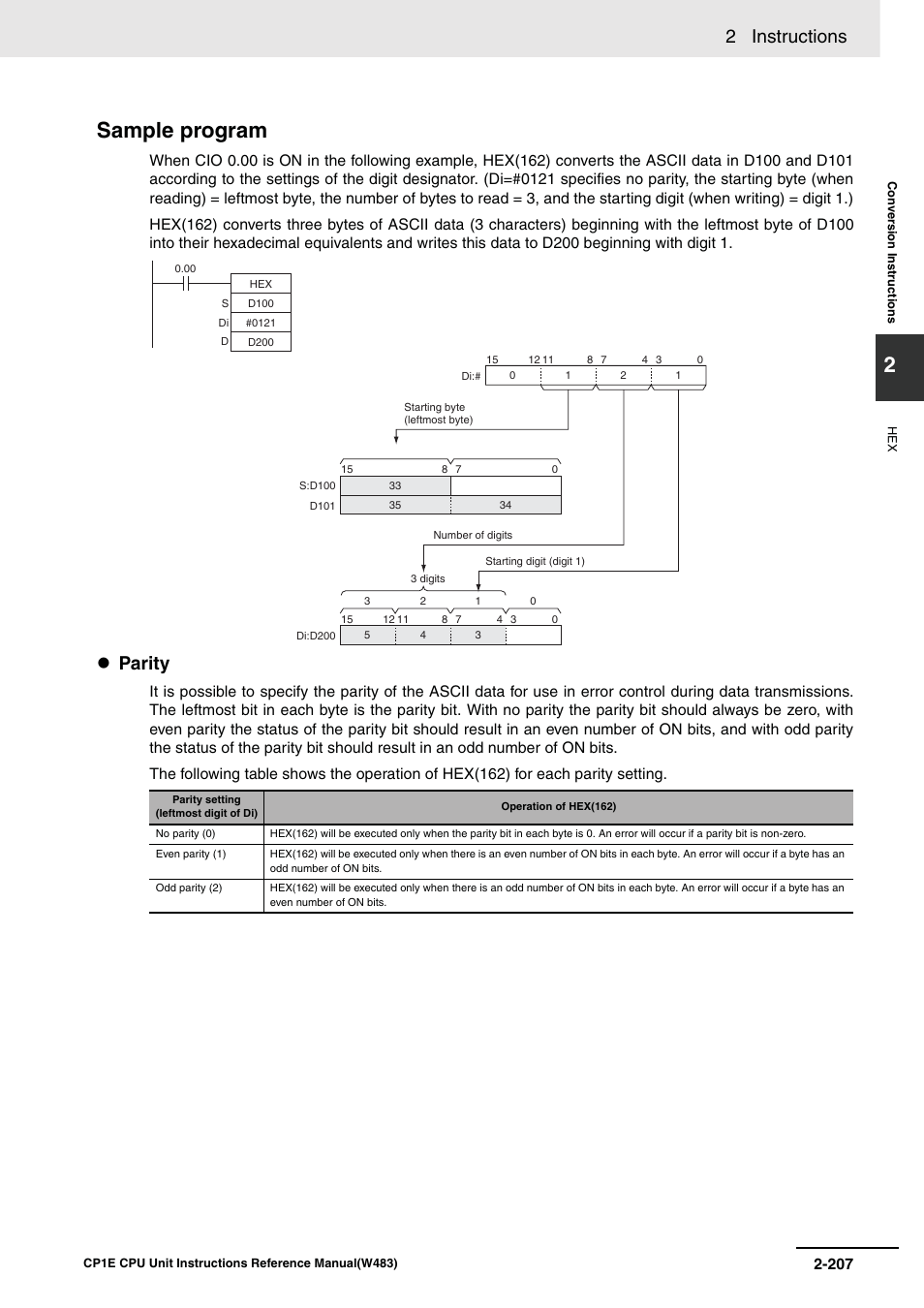 Sample program, 2 instructions, Parity | Omron SYSMAC CP CP1E-N@@D@-@ User Manual | Page 243 / 467