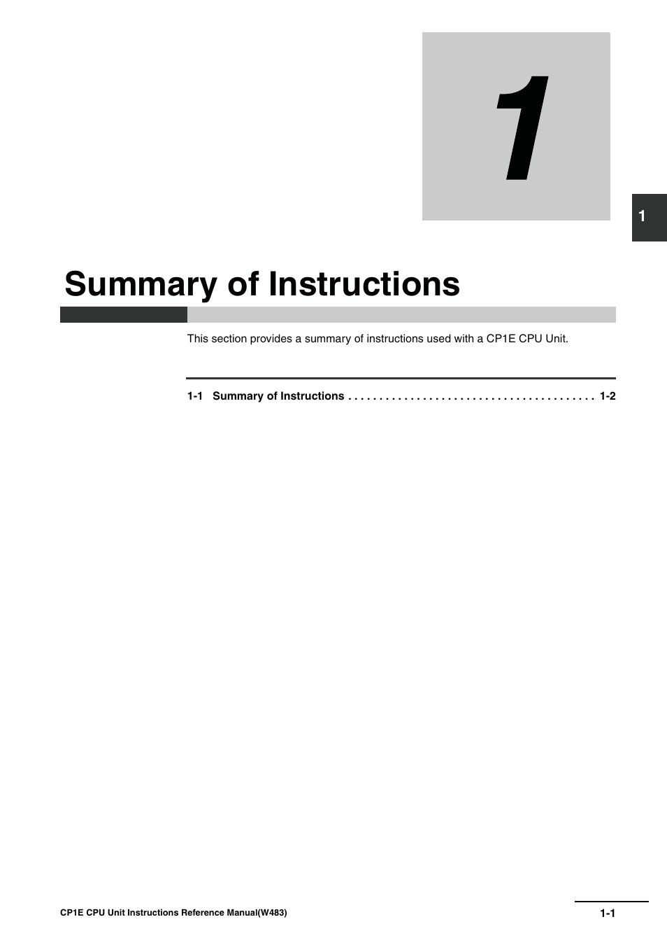 Summary of instructions | Omron SYSMAC CP CP1E-N@@D@-@ User Manual | Page 25 / 467