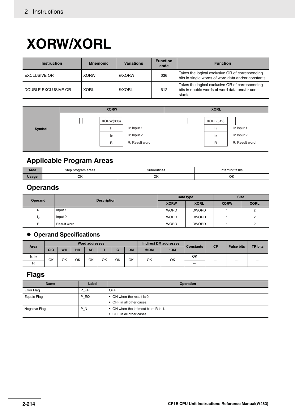 Xorw/xorl, Applicable program areas operands, Flags | 2 instructions, Operand specifications | Omron SYSMAC CP CP1E-N@@D@-@ User Manual | Page 250 / 467
